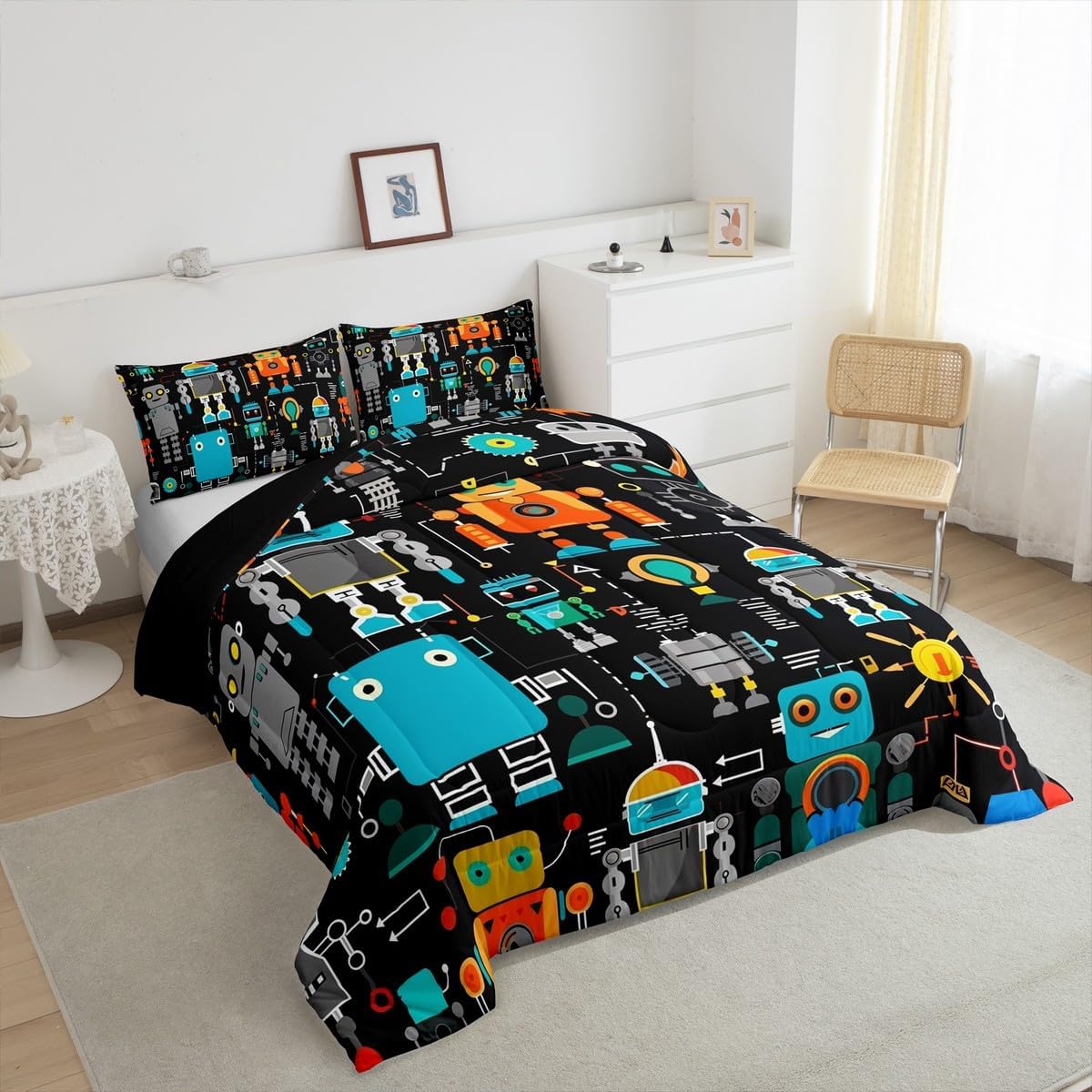 Science Fiction Robot Comforter Set Queen Size Cartoon Abstract Robot Bedding Set Kids Boys Girls Cute Geometric Lines All Season Quilt Set Intelligent Machine Bedding Comforter Sets,3Pcs