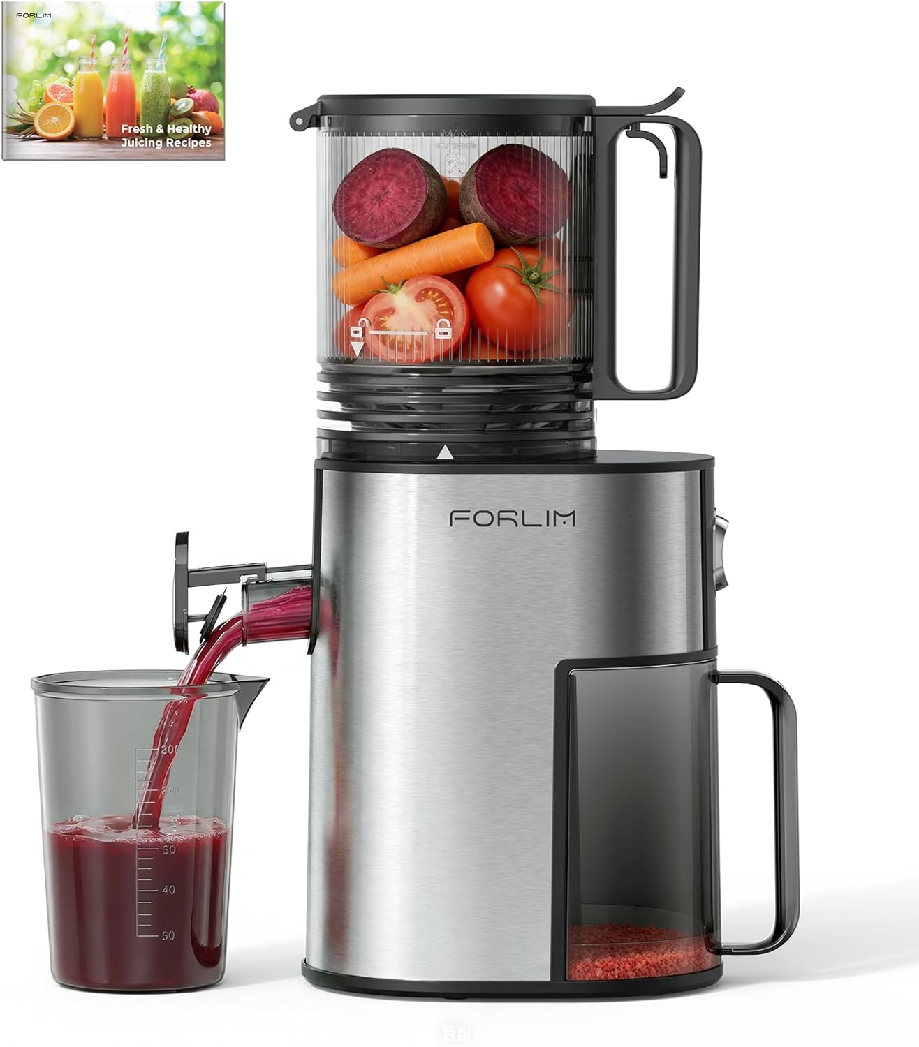 FORLIM Cold Press Juicer Machine, 250W Motor & 136mm Wide Chute for Whole Fruits and Vegetables, Easy to Clean with Removable Parts, High Nutrient Juice & Wellness Shots, Classic Silver