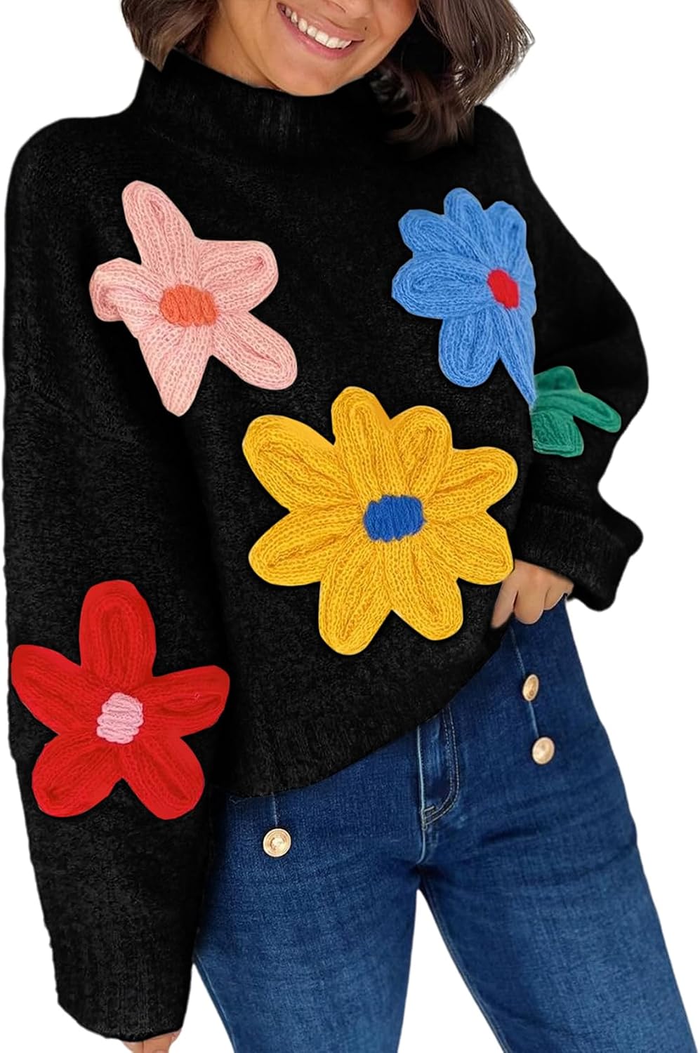 Arssm Women’s Flower Sweater Cute Crewneck Knitted Floral Lounge Colorful 2024 Fall Sweaters Color Block Loose Pullover Tops