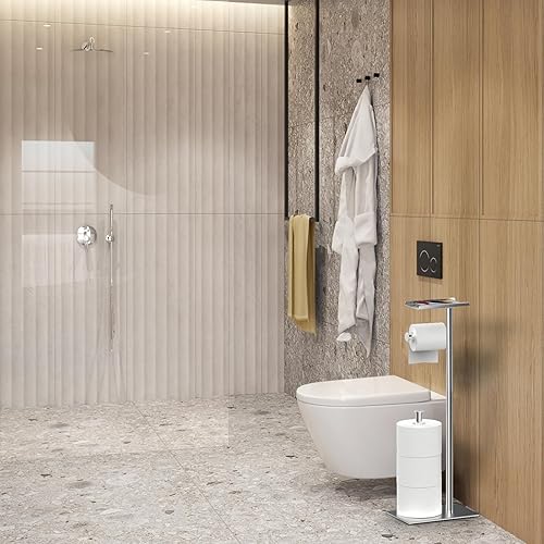 Miniatura 6 de CISILY Paquete de 2 soportes de papel higiénico negro con estante para teléfono, decoración de tolitos de baño. Soporte de rollo de papel de seda,