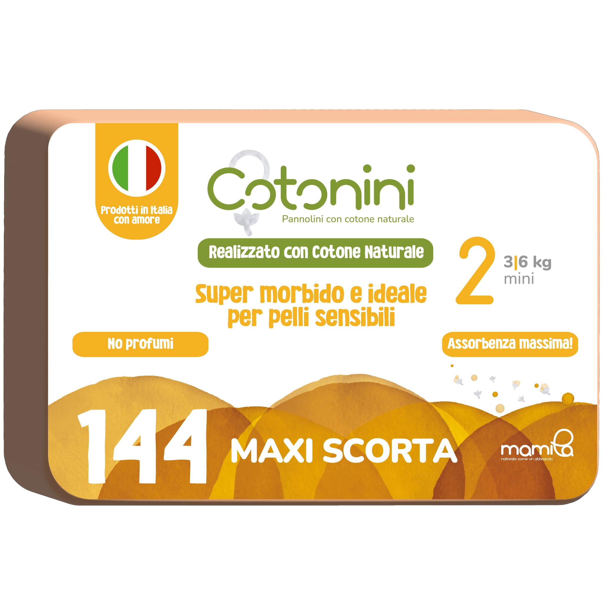 Mamila Pannolini Taglia 2 144pz (3-6 kg) con Cotone Naturale Made in Italy, Cotonini Ultra Assorbenti, Sottili e Ipoallergenici Pannolino Unisex Ideale per Neonati con Pelli Sensibili
