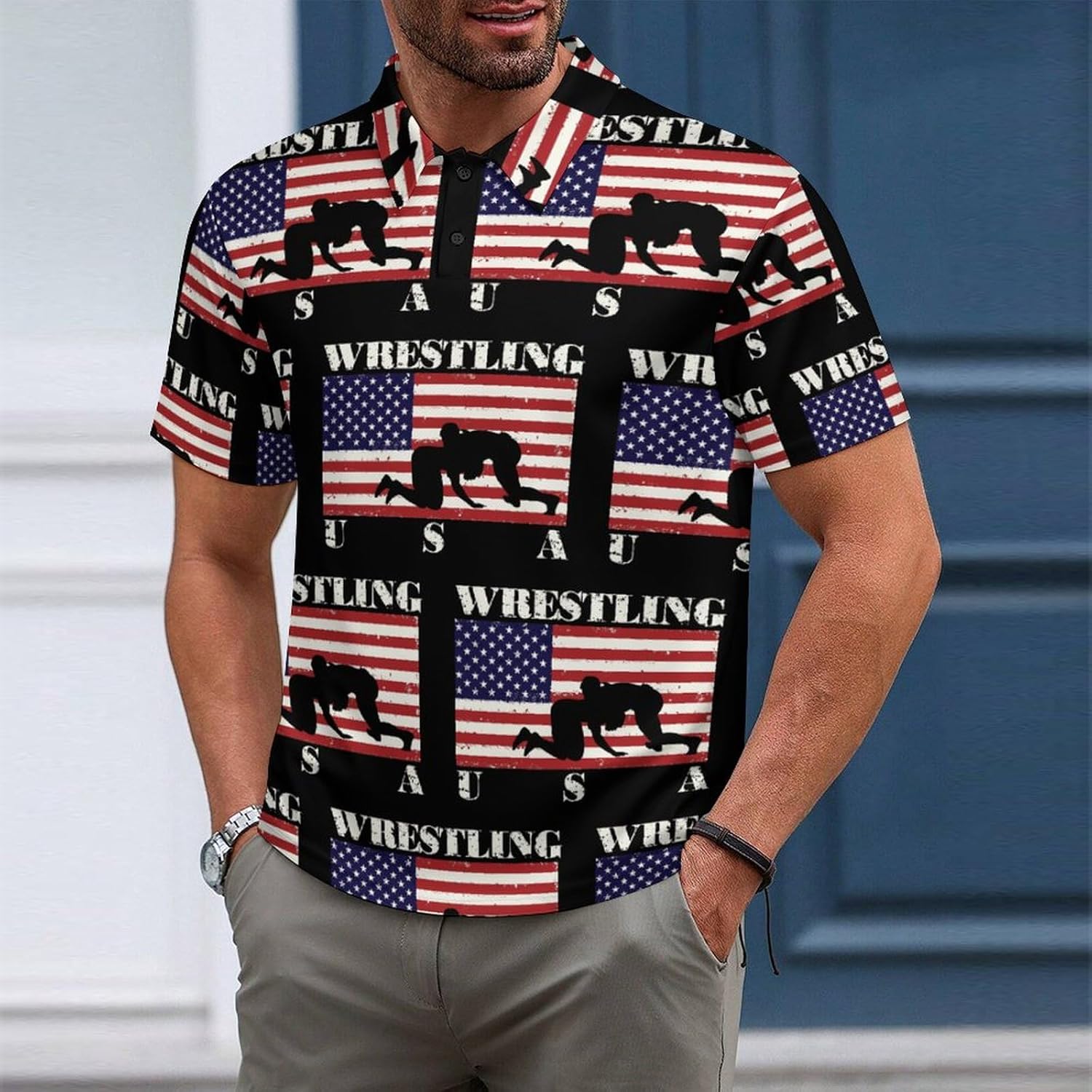 Wrestling U.S.A. Flag Mens Polo Shirt Short Sleeve Top Tee Casual T-Shirt