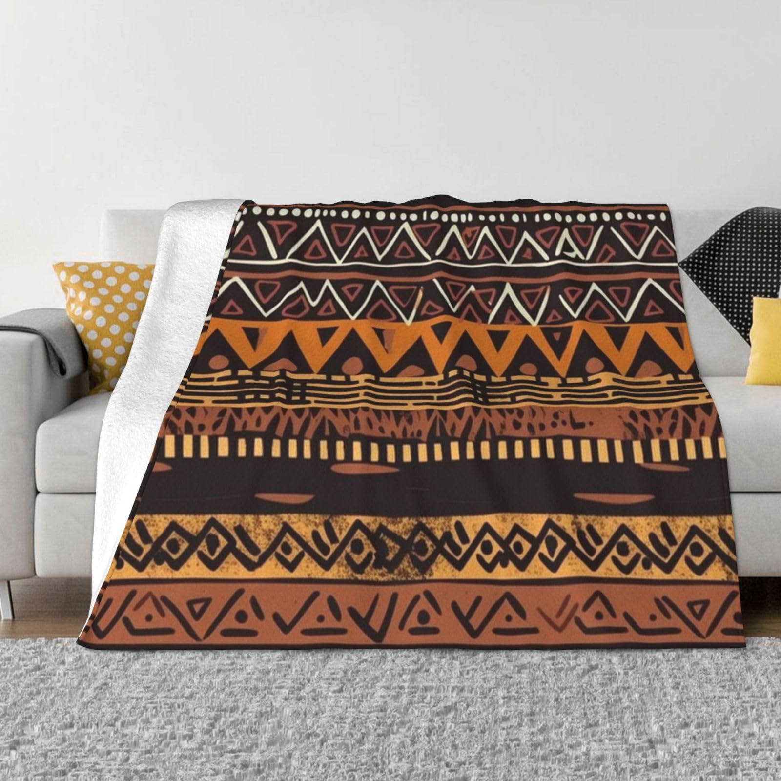 KLOPH African Mud Cloth Tribal Throw Blanket 60"x50" Flannel Fluffy Warm Blanket for Couch, Reversible Plush Blankets for Bed, Comfy Fuzzy Blanket for Sofa, Plush Lightweight-Blankets for All Season
