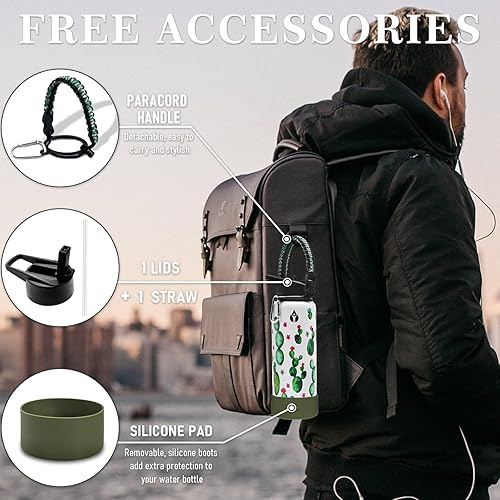 Miniatura 2 de XccMe Botella de agua aislada de cactus de 40 onzas, botellas de agua de doble pared de acero inoxidable, botella de agua de metal, botella de agua