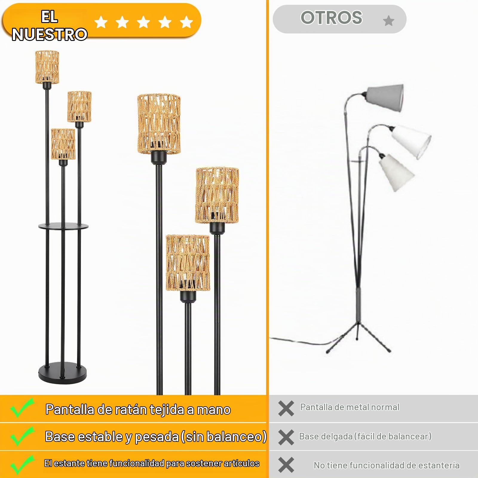 Lampara de Pie Salon Ratán Bohemio, 3 Luces con Estante E27