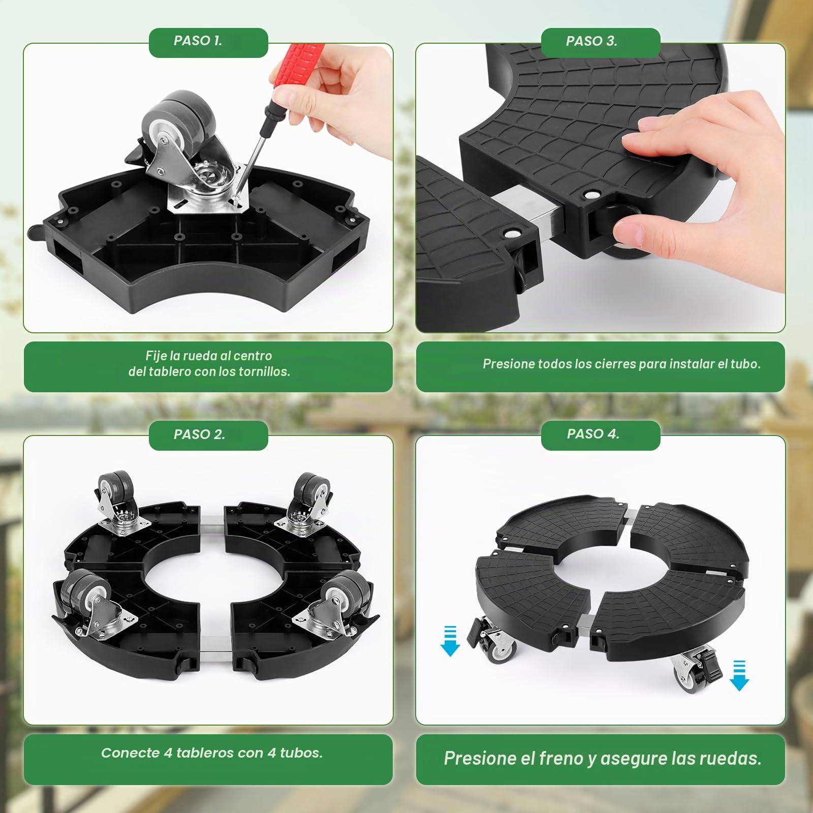 Plataforma con Ruedas, Ajustable Ø 35-48cm, Capacidad de Carga 150 kg, Soporte para Macetas con Ruedas 360 ° Giratorio, Soporte para Macetas Exterior Interior Jardín, Negro