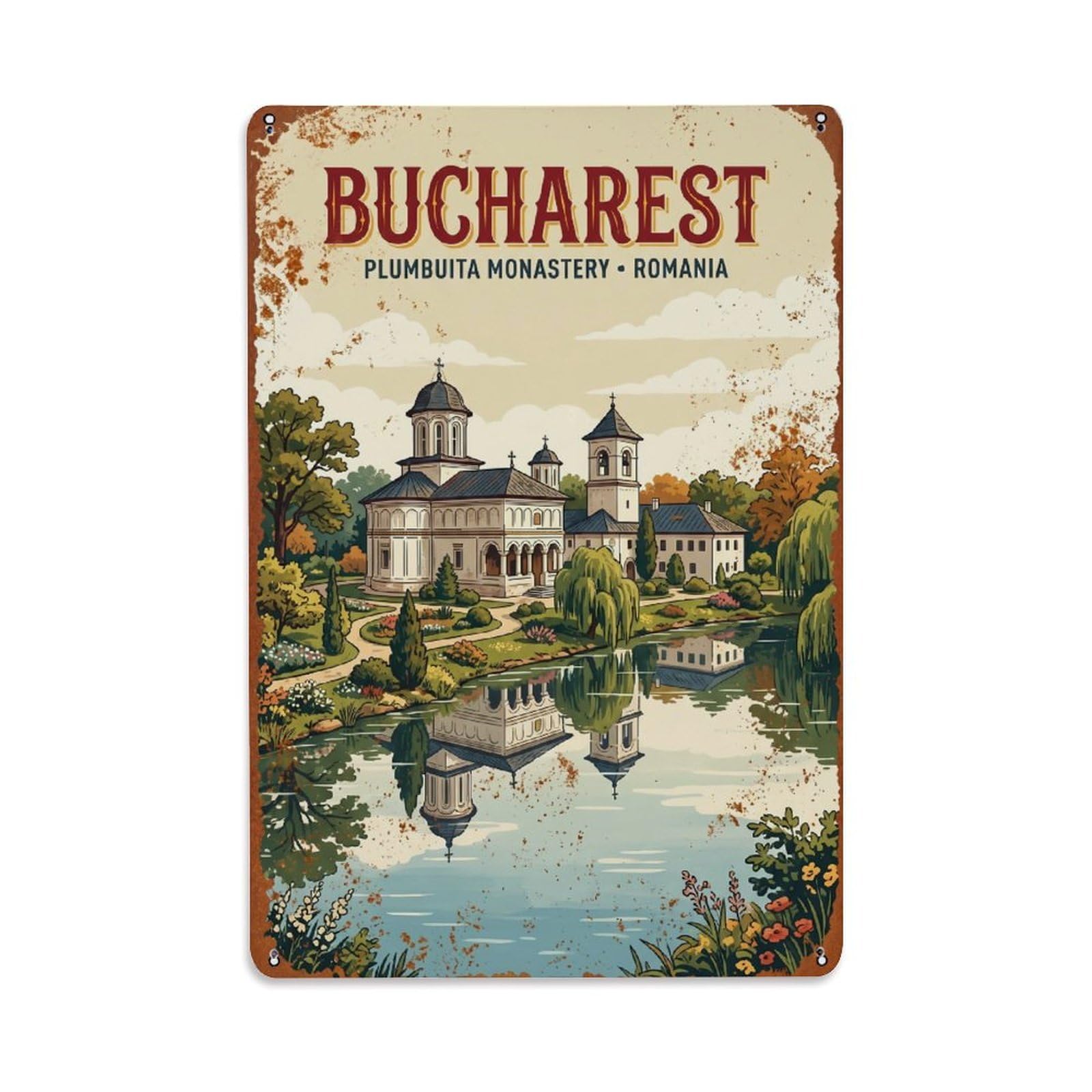 Vintage Travel Bucharest Plumbuita Monastery Lake Romania Metal Tin Sign Plaque Wall Decor for Cafe, Club Bar, Office, Home Garden Metal Poster 8x12Inch