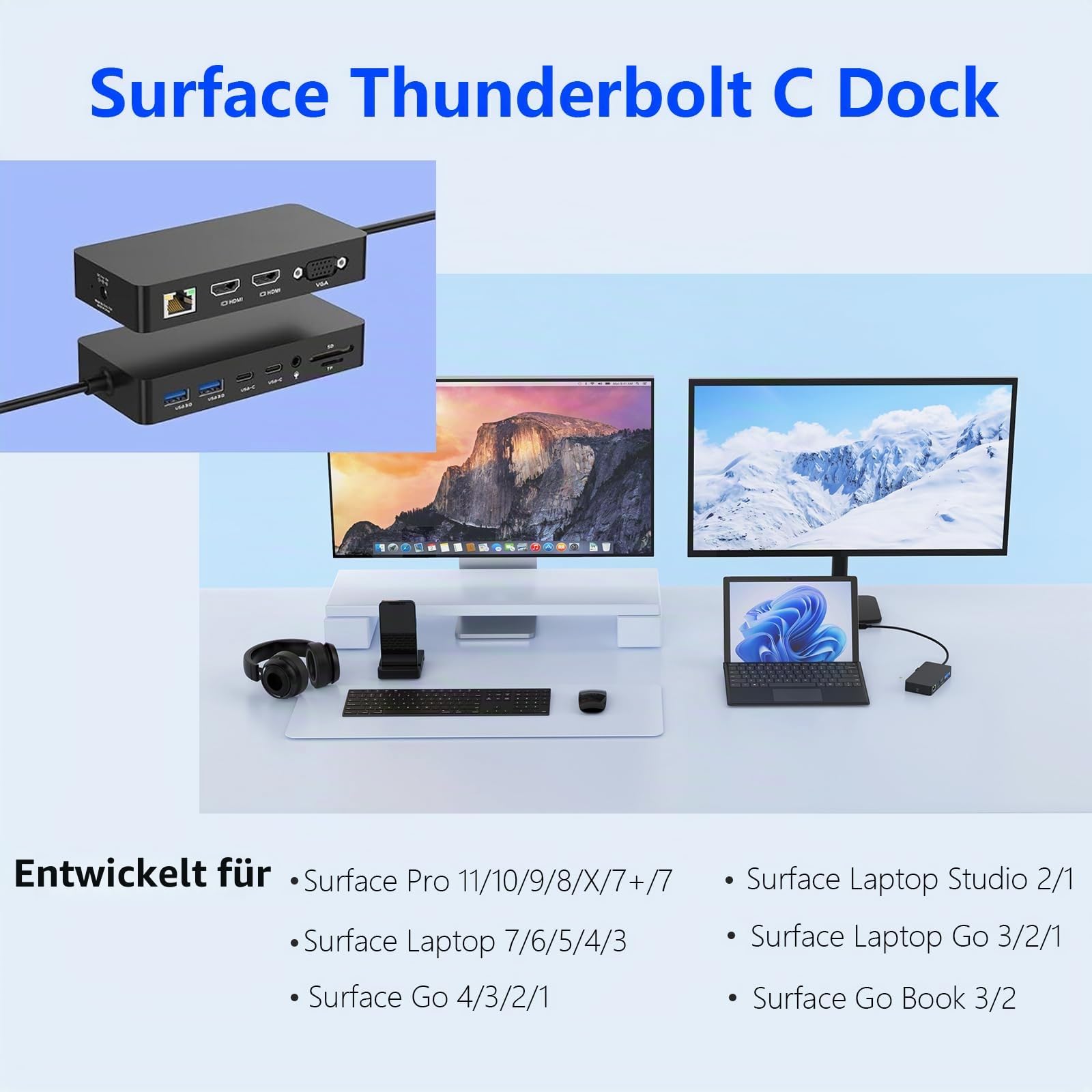 Microsoft Surface Thunderbolt 4 Dock, Dreifach-Displays mit Stromversorgung, 12-in-1-Surface-Dockingstation mit Dual 4K HDMI+VGA für Surface Pro 11/10/9/8/X/7+/7, Laptop 7/6/5/4/3, Laptop Studio 2/1