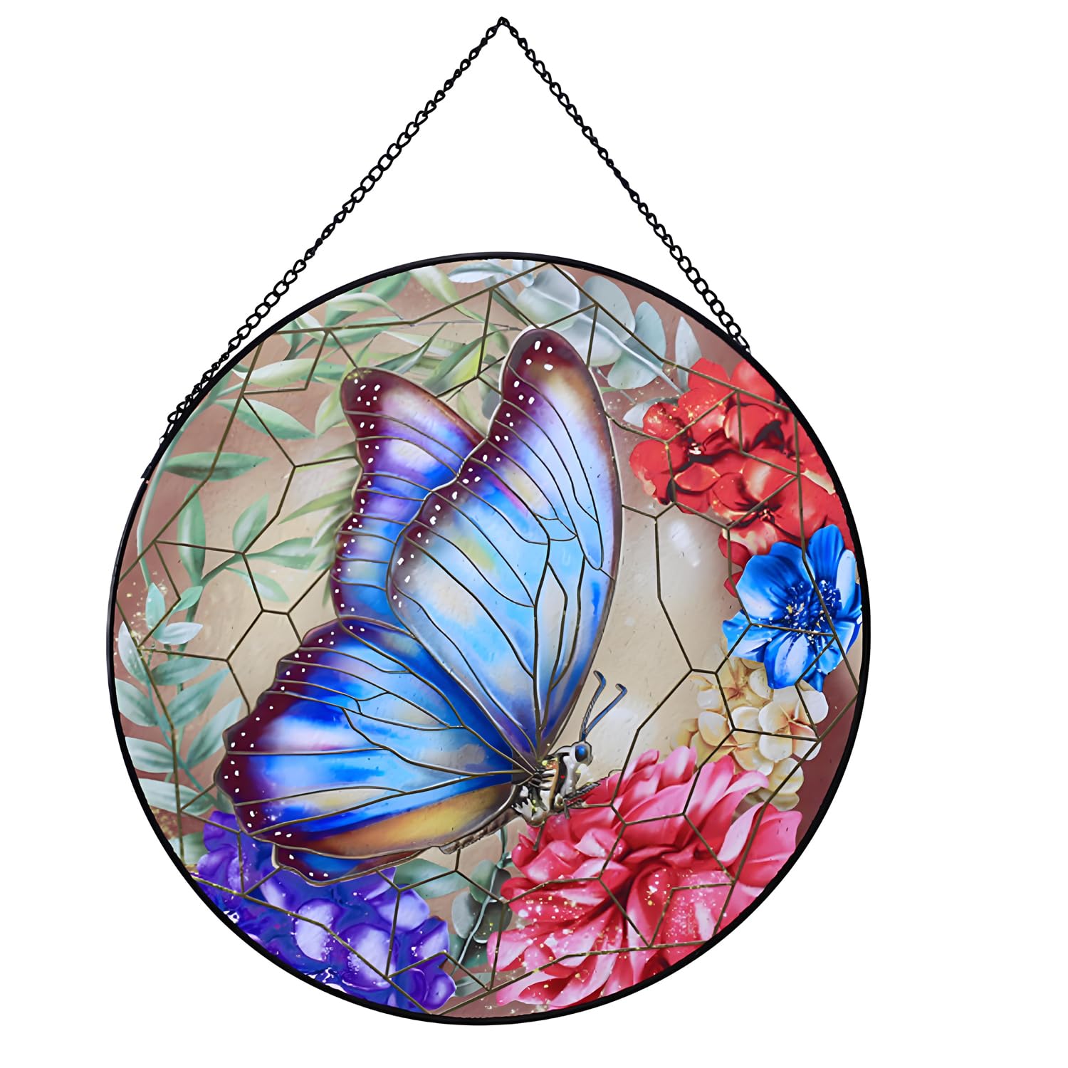 Payutou Butterfly Hanging Stained Glass for Windows,20cm/7.87inch Hand-Painted Glass Panel Window Hanging Suncatchers Christmas Ornaments Home Courtyard Decor,Housewarming Gift (B Style)