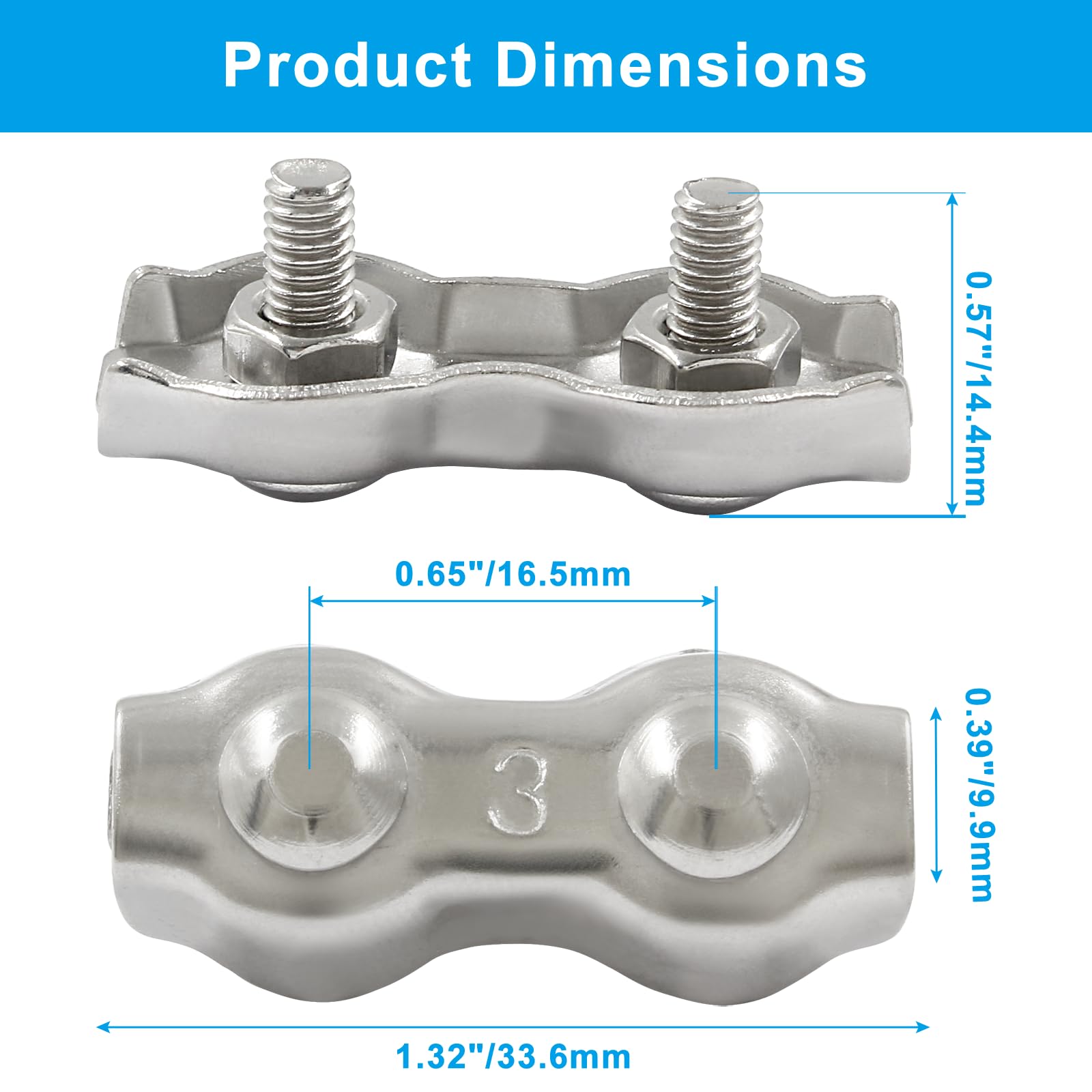 Rierdge 12Pcs M3 304 Stainless Steel Double Wire Rope Clip Cable Clamps for 1/8 Inch Diameter Wire Rope