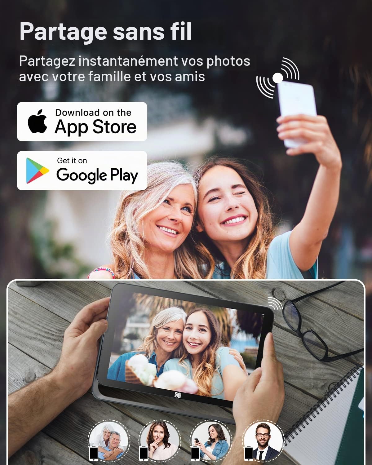KODAK Cadre Photo Numérique WiFi, 10.1 Pouces IPS Écran Tactile, 4000mAh Batterie, 32Go Stockage, Photos ou vidéos n'importe où Via l'application Gratuite