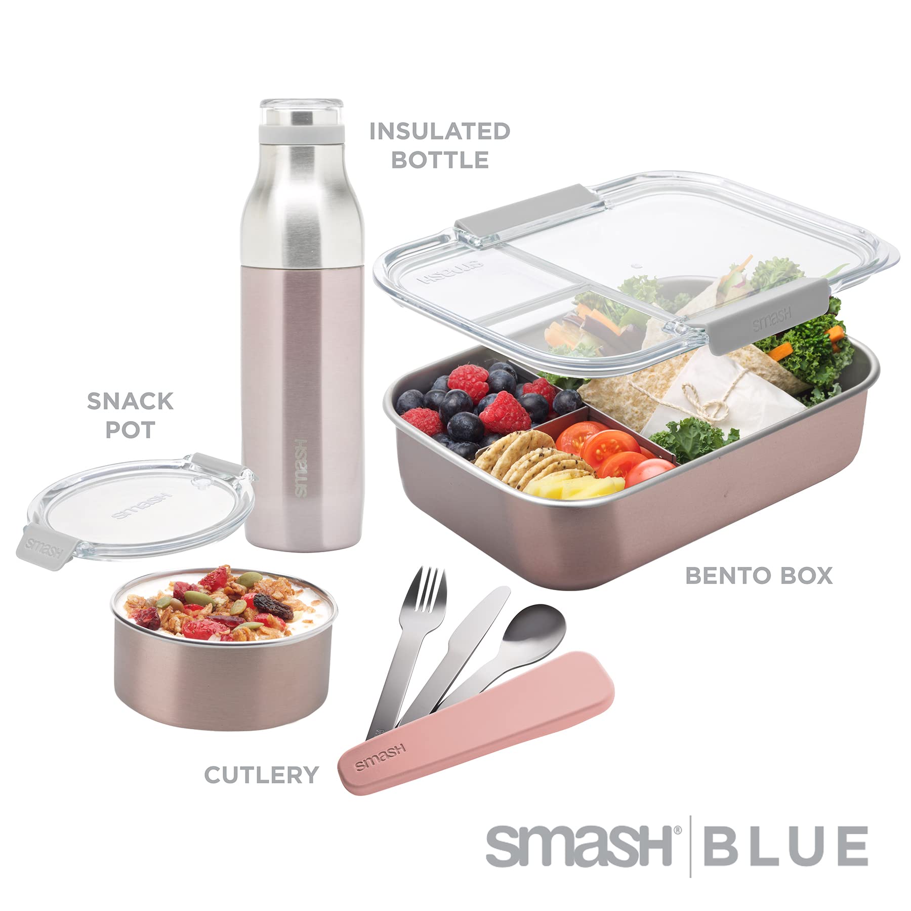 Ekologiczny 8-częściowy zestaw na lunch - kolor różu - pudełko z 3 przegródkami, pudełko na przekąski, butelka 500 ml, 3 sztuki sztućców