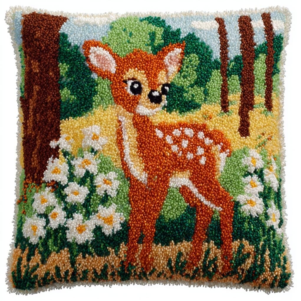 WallustrioaW Latch Hook Pillow Kits,Deer in the Forest,DIY Craft Kit for Adults Latch Hook Pillow Case Includes Canvas,Yarn,Instructions,17x17in
