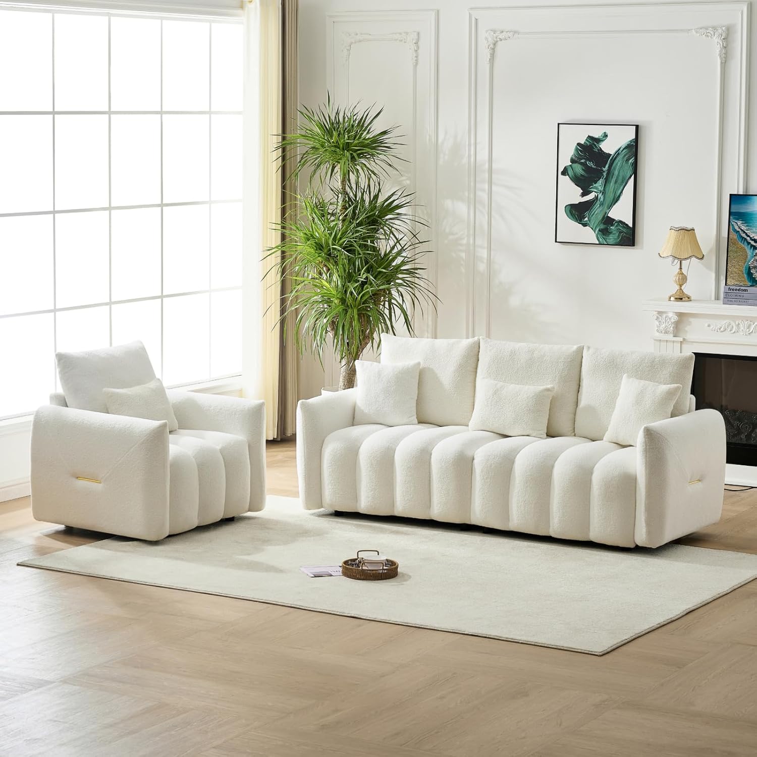 Living Room Sofa Set, 81" Modern Teddy Velvet Couch set with Matching Oversized room sofa chair, 3+1 Seater Cloud Couch with Deep Seating, Channel Tufted Design & 8 Pillows, Off White(2 Piece)