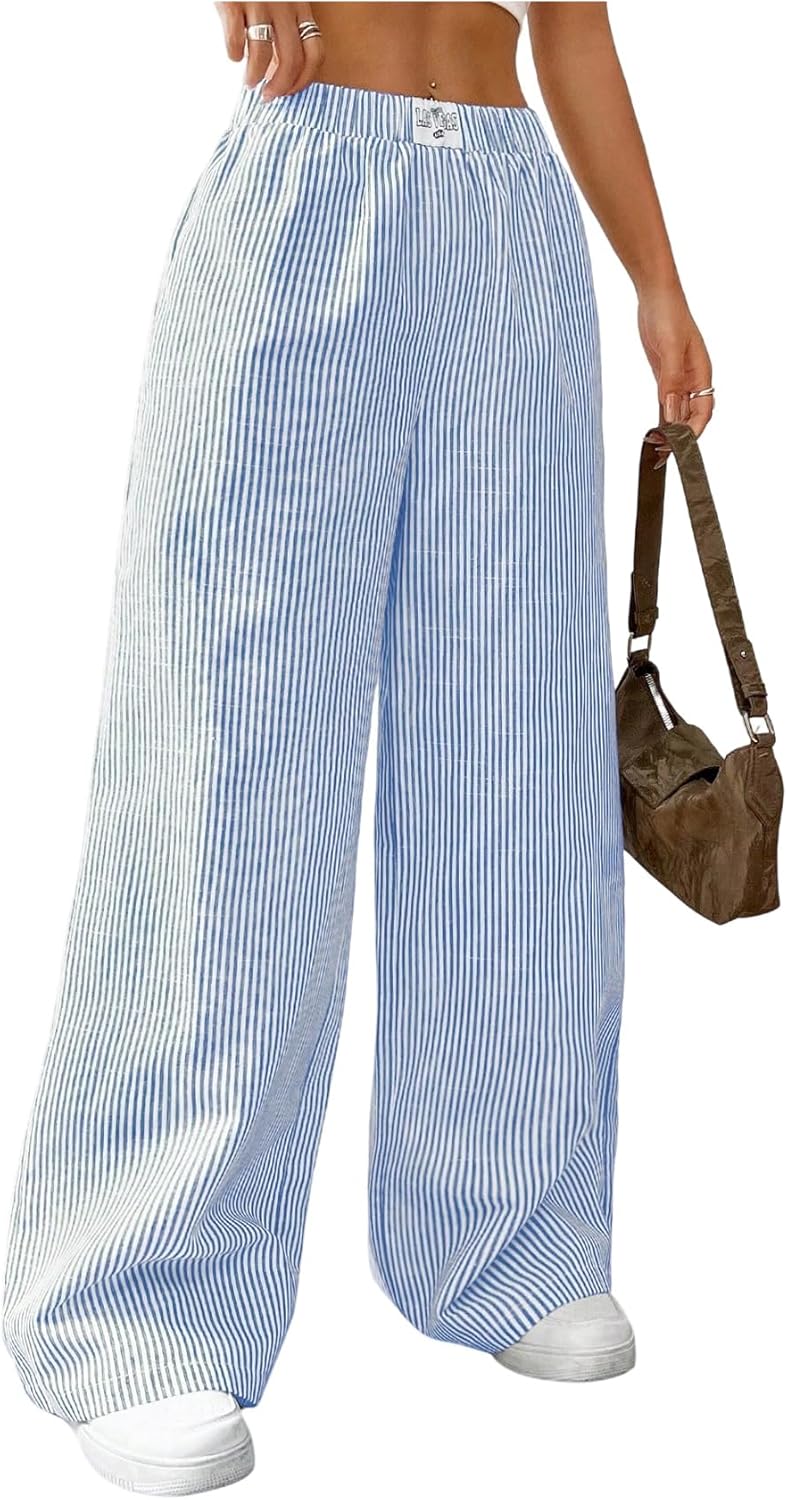 GORGLITTER Women's Striped Pants Cute Elastic Waist Wide Leg Pants Y2K Casual Lightweight Trousers