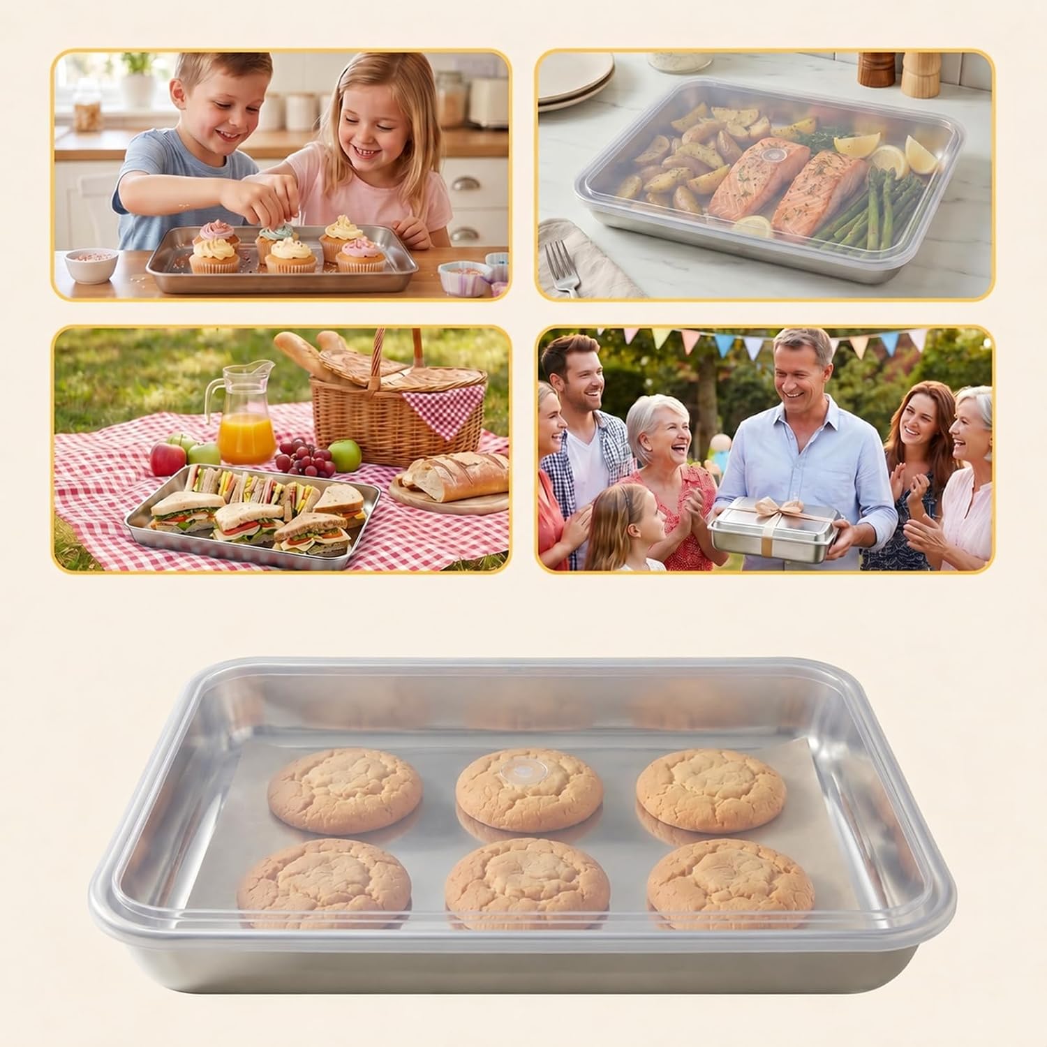 2 Pack Baking Sheet with Plastic Lid, 9.8x7.9x2 Inch Deep Small Cookie Sheets, Non-stick Metal Sheet Pans, Heavy Duty Baking Pan Rectangle Oven Tray for Kitchen Hand Project, Dishwasher Safe