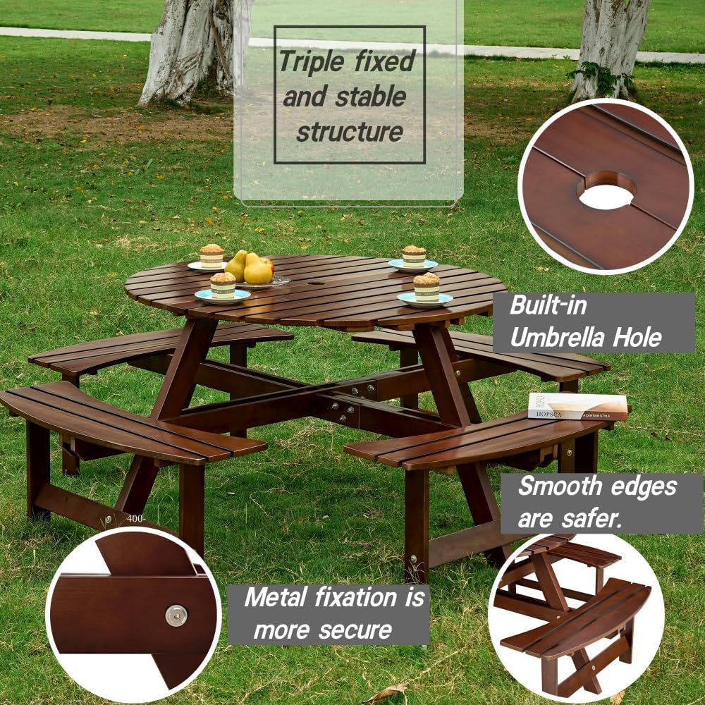 Outdoor Round Picnic Table with 4 Built-in Benches, Seats 8, Includes Umbrella Hole, Weather-Resistant Wood, for Garden Backyard Patio, Brown