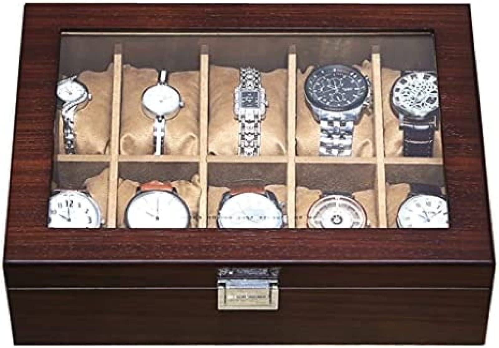 YNBSHGAA 10 Slot Wooden Watch Box Watch Display Case Organizer Glass Lid Jewelry Storage Box It's The for Friends,Beige,30×22×8.5cm,Beige-30×22×8.5cm