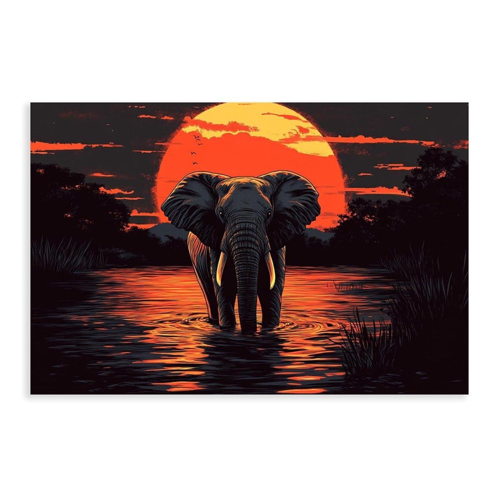 Pyberon Unframed Print-Style Elephant Sunset, African Wildlife Canvas Poster For Dorm Room Decor Gift