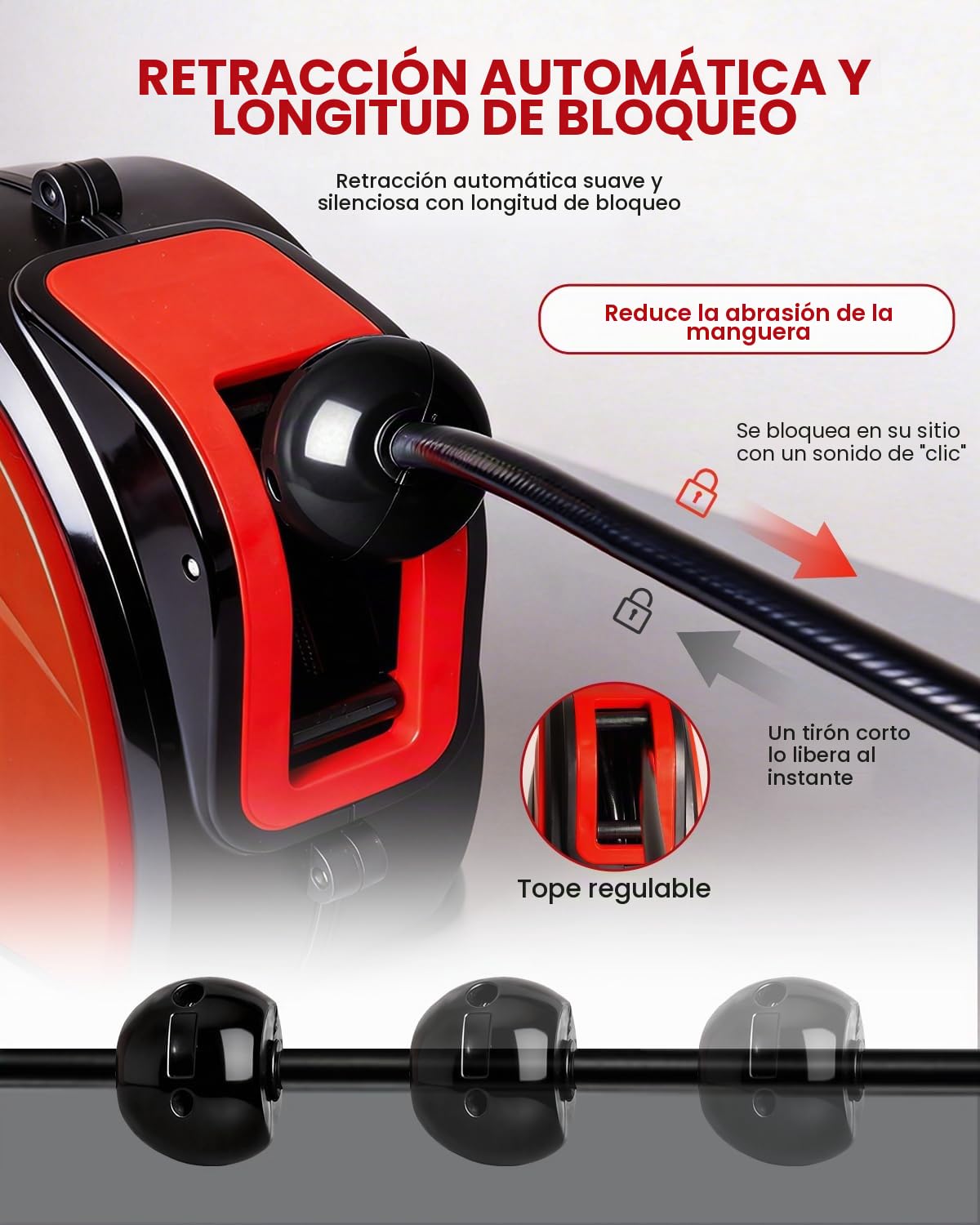 Carrete de Manguera de Aire Comprimido 15m, Conexión 3/8" BSP, 20 BAR | Enrollador Automático de Manguera Neumática con 2m de Manguera de Entrada, Soporte Giratorio 180°, para Taller y Garaje