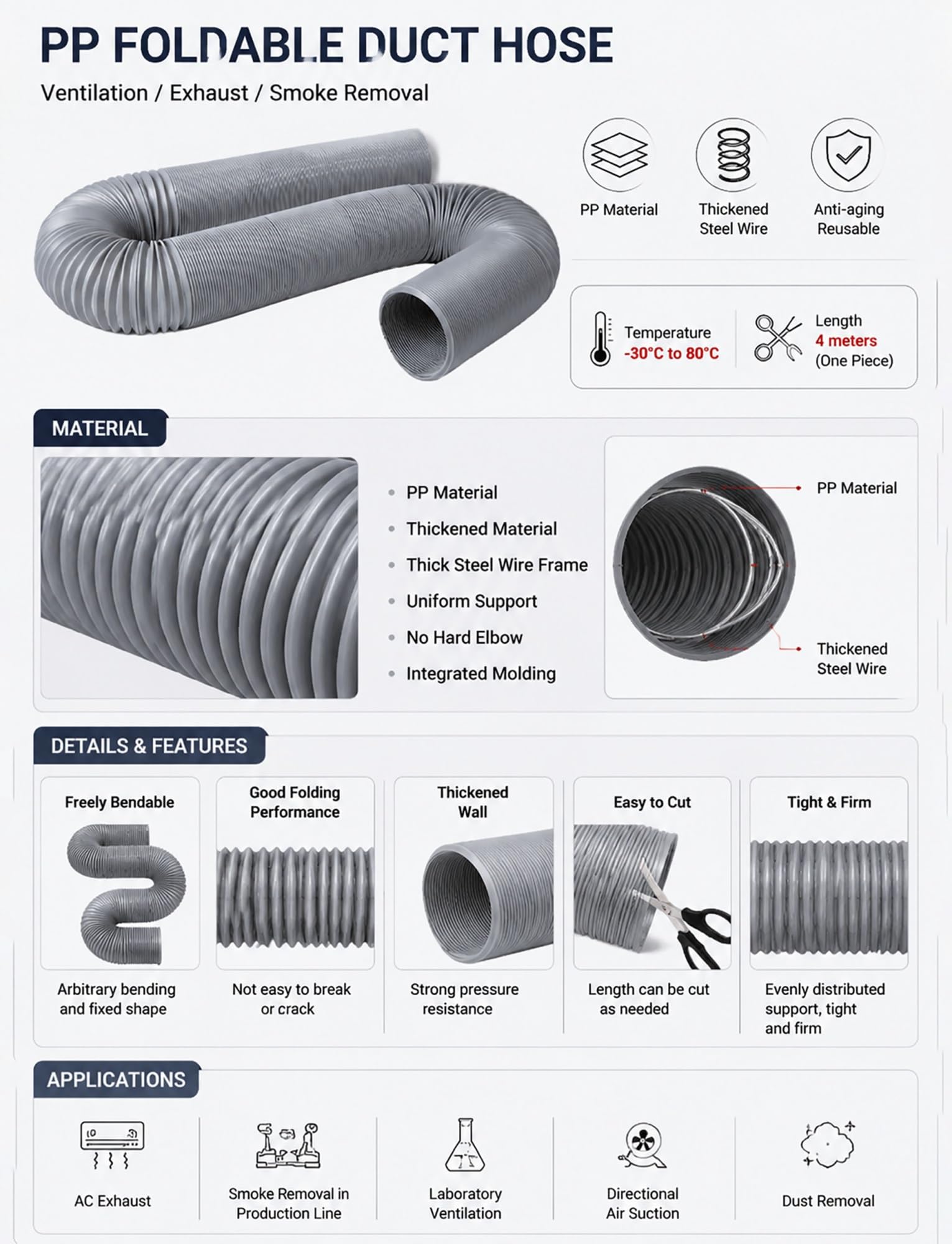 Tubo flexible plegable de PP – Conducto retráctil de ventilación y extracción con alambre de acero, 25–250 mm, para humo y polvo, ventilación industrial y talleres(Milk,ID 80mmx400cm)