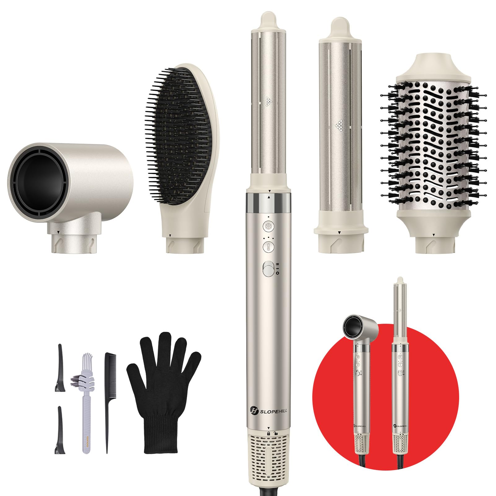 Slopehill Airstyler 5 IN 1, Ionen Föhn 110000 U/Min, Multifunktionaler Hairstyler, Lockenstab Automatisch, Warmluftbürste,Glätteisen, für Styling, Volumisieren, Locken und Glätte（Champagner Gold）