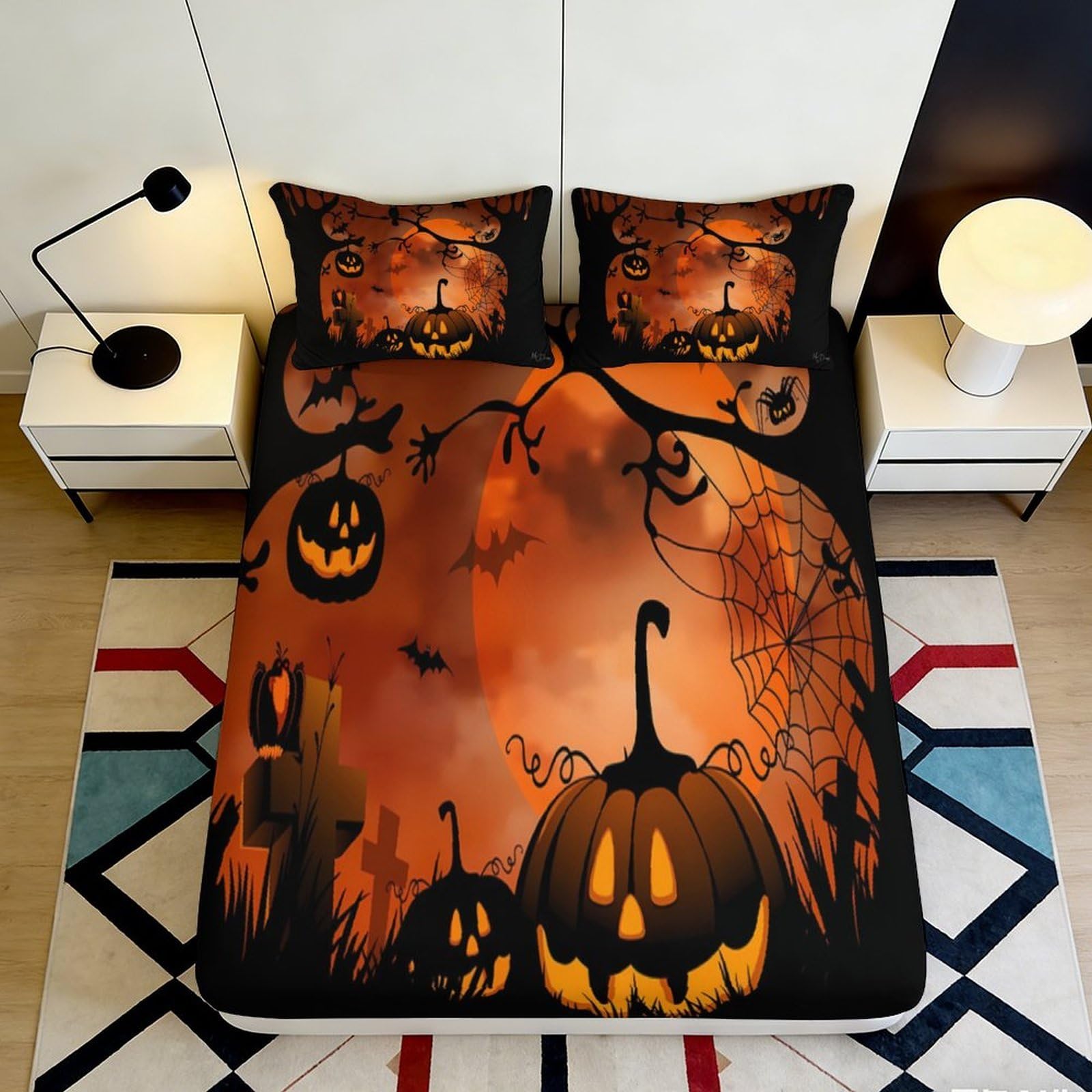 3D Printed Halloween Pumpkin Fitted Sheet Microfiber Soft Durable Spider Web Bed Cover for Bedroom Dormitory Guest Room Mattress Protection 140x200x25cm
