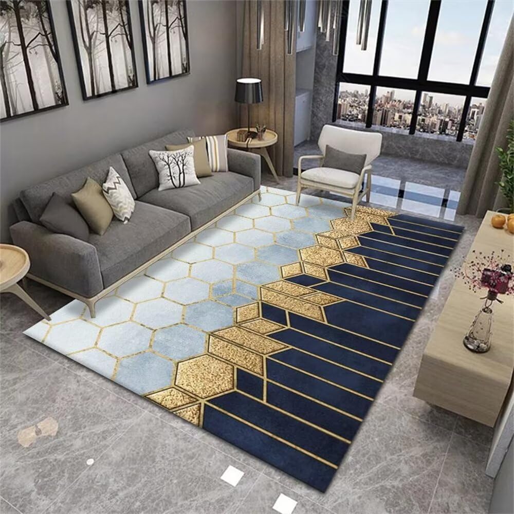 Tapis poil court bleu et jaune 70x120 cm géométrique moderne