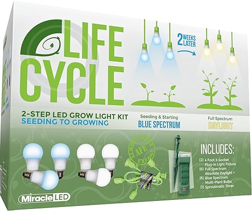 Miracle LED Plant Life Cycle - Kit de luz de crecimiento sincronizada de 3 enchufes con 3 luces de día absolutas de espectro completo + bombillas y