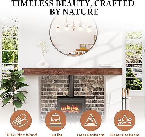 Miniatura 5 de Weyderk Mantel, mantel de chimenea de 72 pulgadas hecho a mano sólido con soporte de metal invisible resistente, estante flotante, mantel de