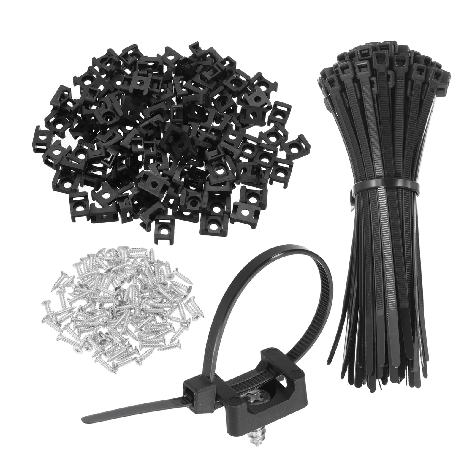 sourcing map 150pcs 22.6mm Cable Tie Saddle Type Mounts Base with 150mm Cable Zip Ties and M5 Tapping Screws, Wire Organizer Holder Clamps Set, Black