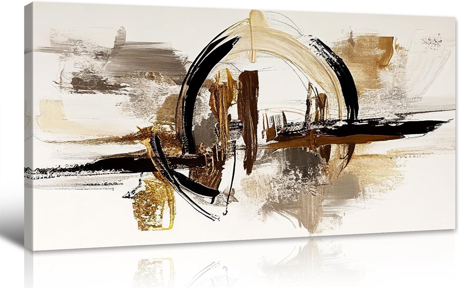 Modern Abstract Wall Art Prints - Large Canvas Painting for Living Room & Home Office Decor, Framed Black and Gold Circle Artwork, Neutral Textured Design, 20" x 40" 39.8"L x 20.1"W Gold Abstract