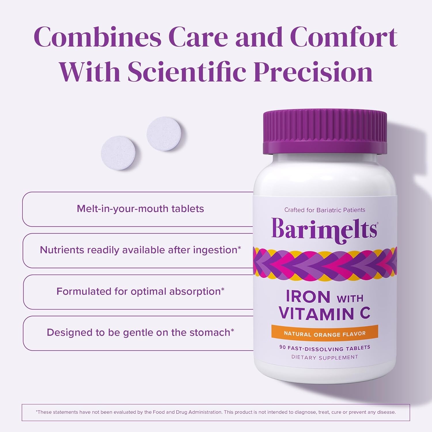 Barimelts Iron with Vitamin C, 90 Fast-Dissolving Tablets (1-Month Supply), Sugar-Free Bariatric Iron Supplement for Women, Natural Orange Flavor​