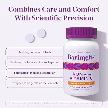 Barimelts Iron with Vitamin C, 90 Fast-Dissolving Tablets (1-Month Supply), Sugar-Free Bariatric Iron Supplement for Women, Natural Orange Flavor