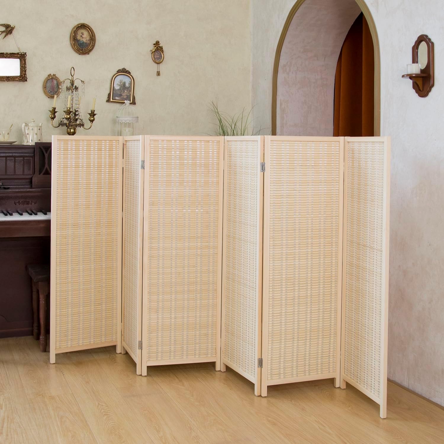 6 Panel Short Room Divider – 3.9 ft Tall Double-Side Folding Privacy Screen, Natural Beige Bamboo Partition Wall for Home Office, Living Room & Corner Spaces