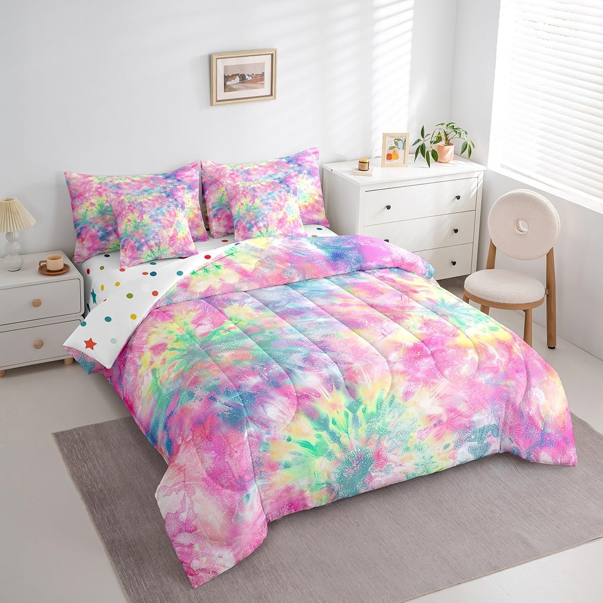 Tie Dye Comforter Set Queen,7 Pieces Bohemian Batik Bed In A Bag Boho Psychedelic Bedding Trippy Tattoo Watercolor Bed Set (1 Comforter,2 Pillowcase,2 Throw Pillow Covers,1 Flat Sheet,1 Fitted Sheet)