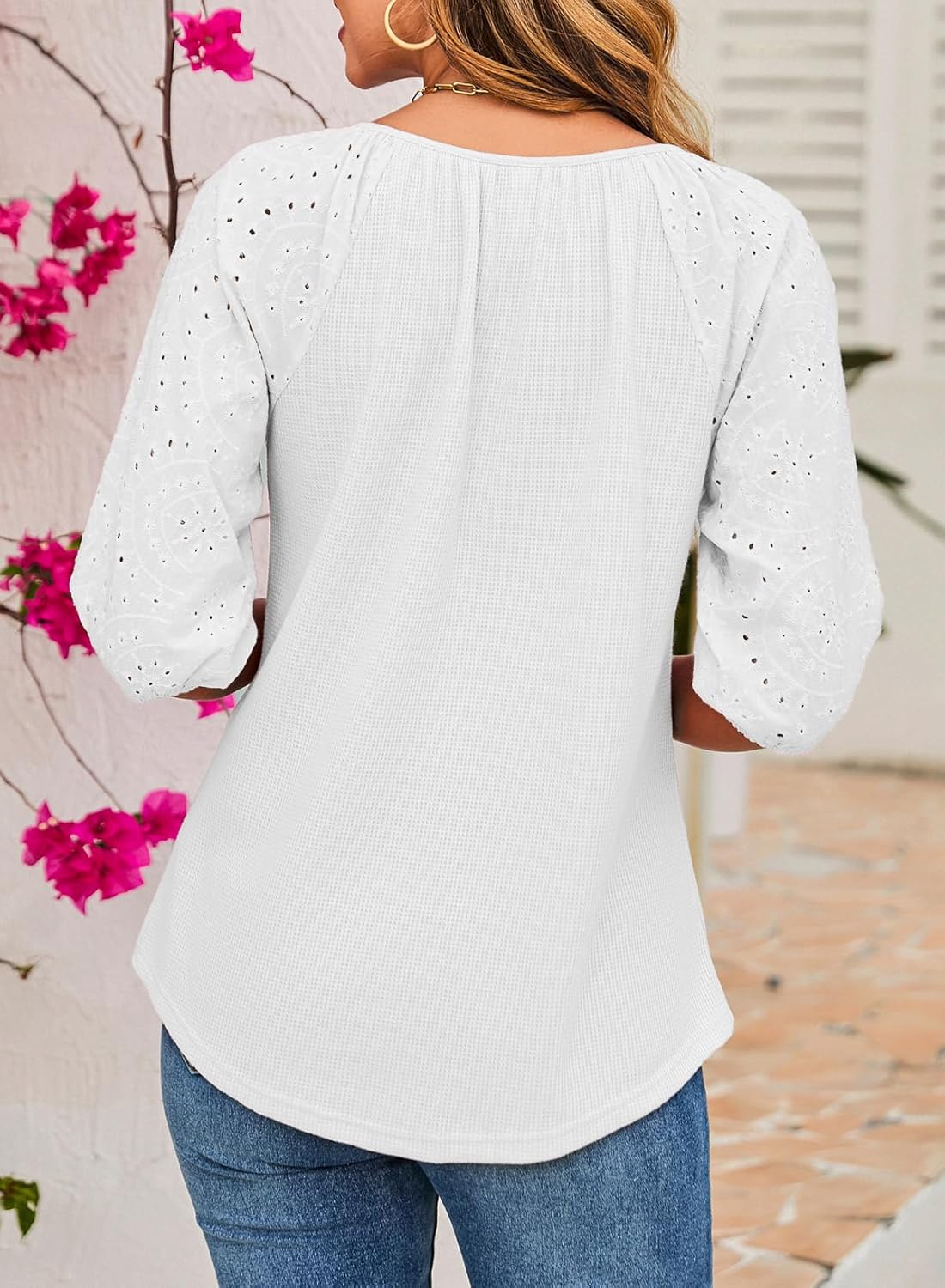 Dokotoo Women's Waffle Knit V Neck Tops Puff Sleeve Tunic Blouse Casual Summer Eyelet Shirts - Image 2