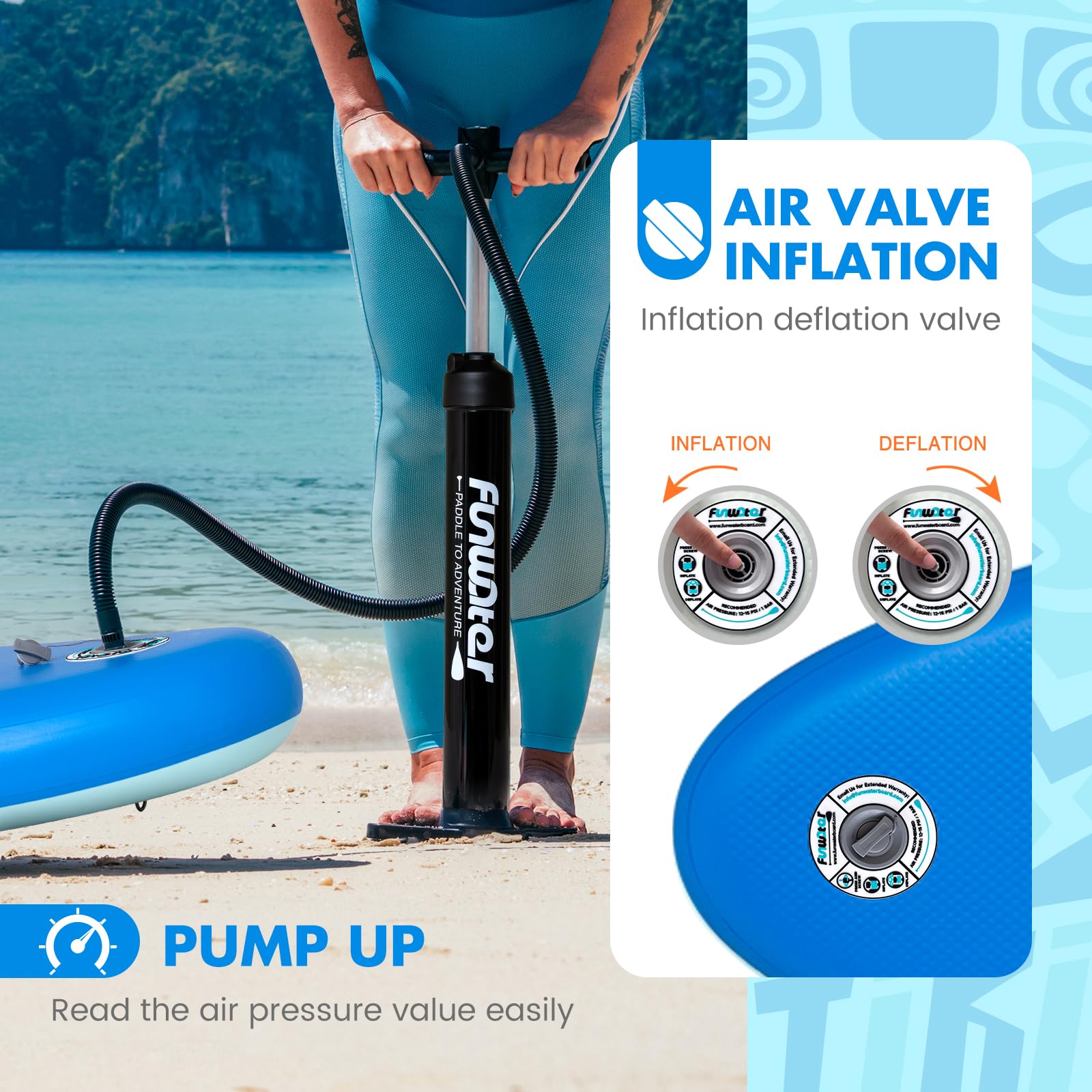FunWater SUP gonflable ultra léger (8 kg) pour tous les niveaux de compétence, tout inclus avec planche à pagaie, pagaies flottantes Adj, pompe, sac à dos de voyage ISUP, laisse, sac à dos étanche 3 m