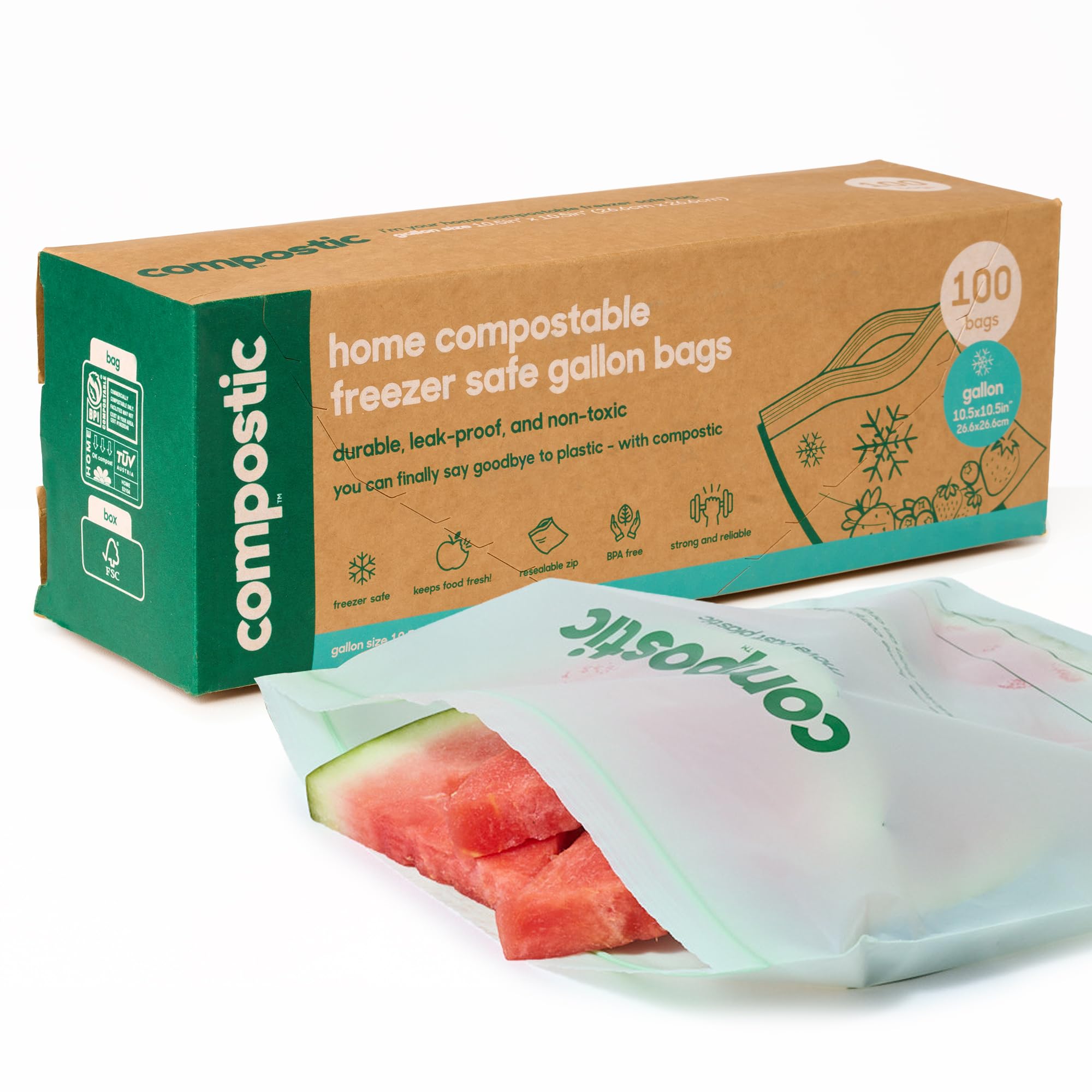 Compostic Compostable Gallon Freezer Bags, 100 Ct, Heavy Duty Zip Seal