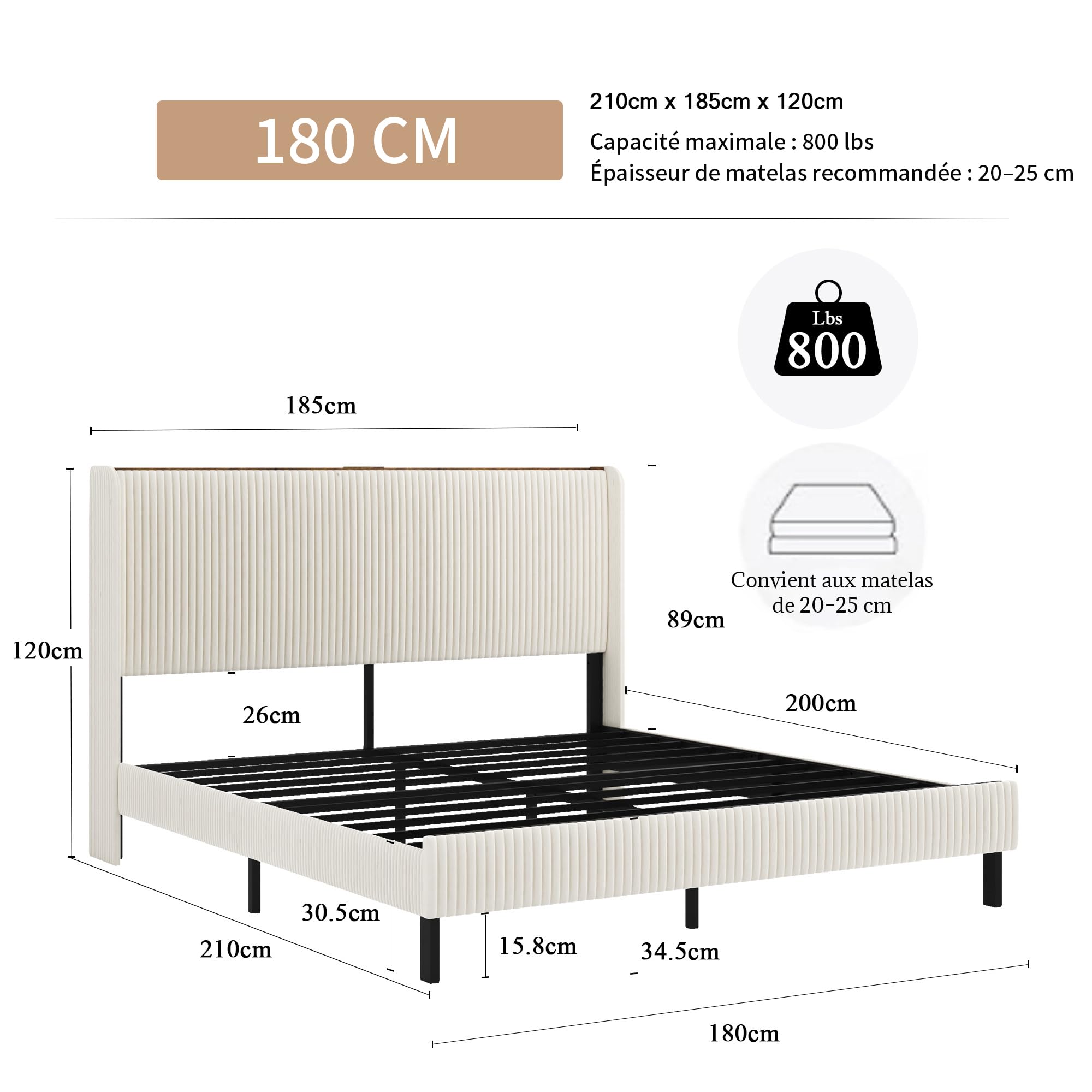OKMYHOME Letto Imbottito 180x200 cm, Letto Matrimoniale Grande con LED e Porta USB Tipo C, Struttura con Rete a Doghe in Metallo, Tessuto a Coste, Beige, Senza Materasso