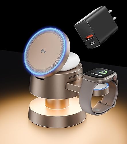 Estación de carga inalámbrica 4 en 1, estación de carga inalámbrica magnética de 15 W con certificación Qi2 con luz nocturna para iPhone 17161514,