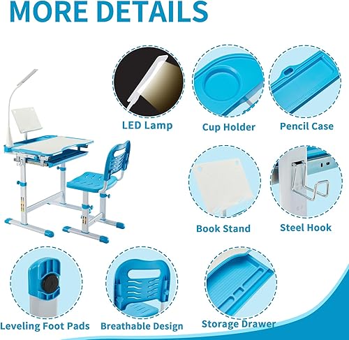 Miniatura 4 de Diroan Juego de escritorio y silla funcional para niños, escritorio ergonómico de altura ajustable para niños y niñas con escritorio inclinable,