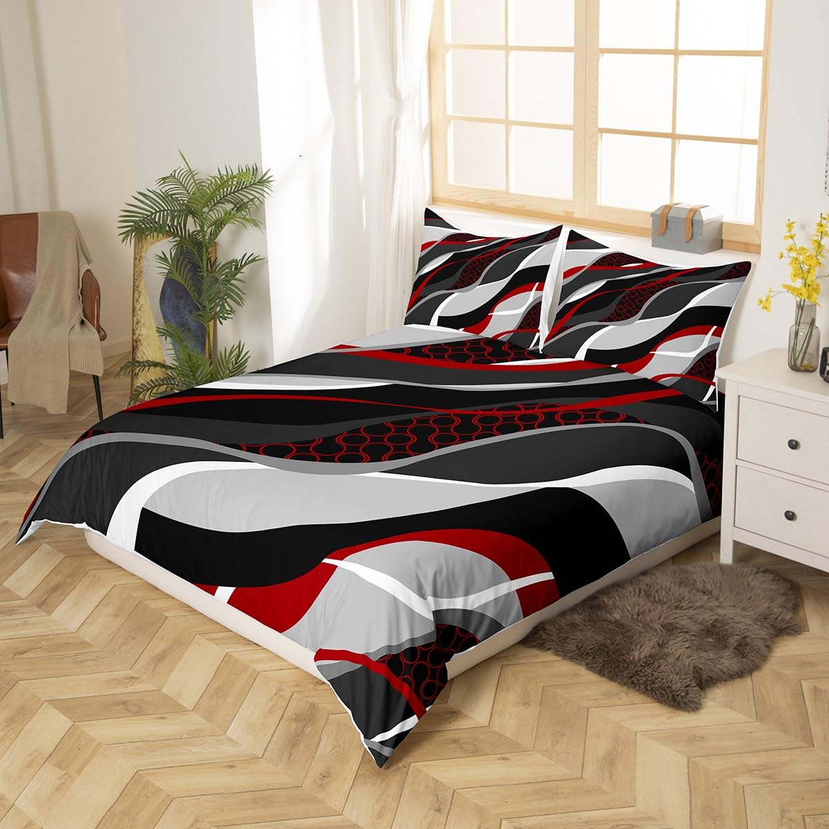 Red Grey Duvet Cover Set Double Size, Abstract Wavy Stripe Circle Comforter Cover with 2 Pillowcases - Image 2