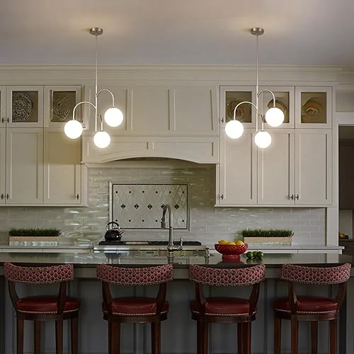 Miniatura 6 de Flyrose Candelabro moderno de 3 luces de cristal de leche de mediados de siglo, lámpara colgante de níquel cepillado, bola de globo grande, lámpara