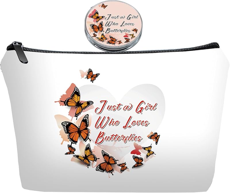 Conjunto de nécessaire de maquiagem JIEXAGEZOS com espelho, estampa de borboletas e coração, 2 peças