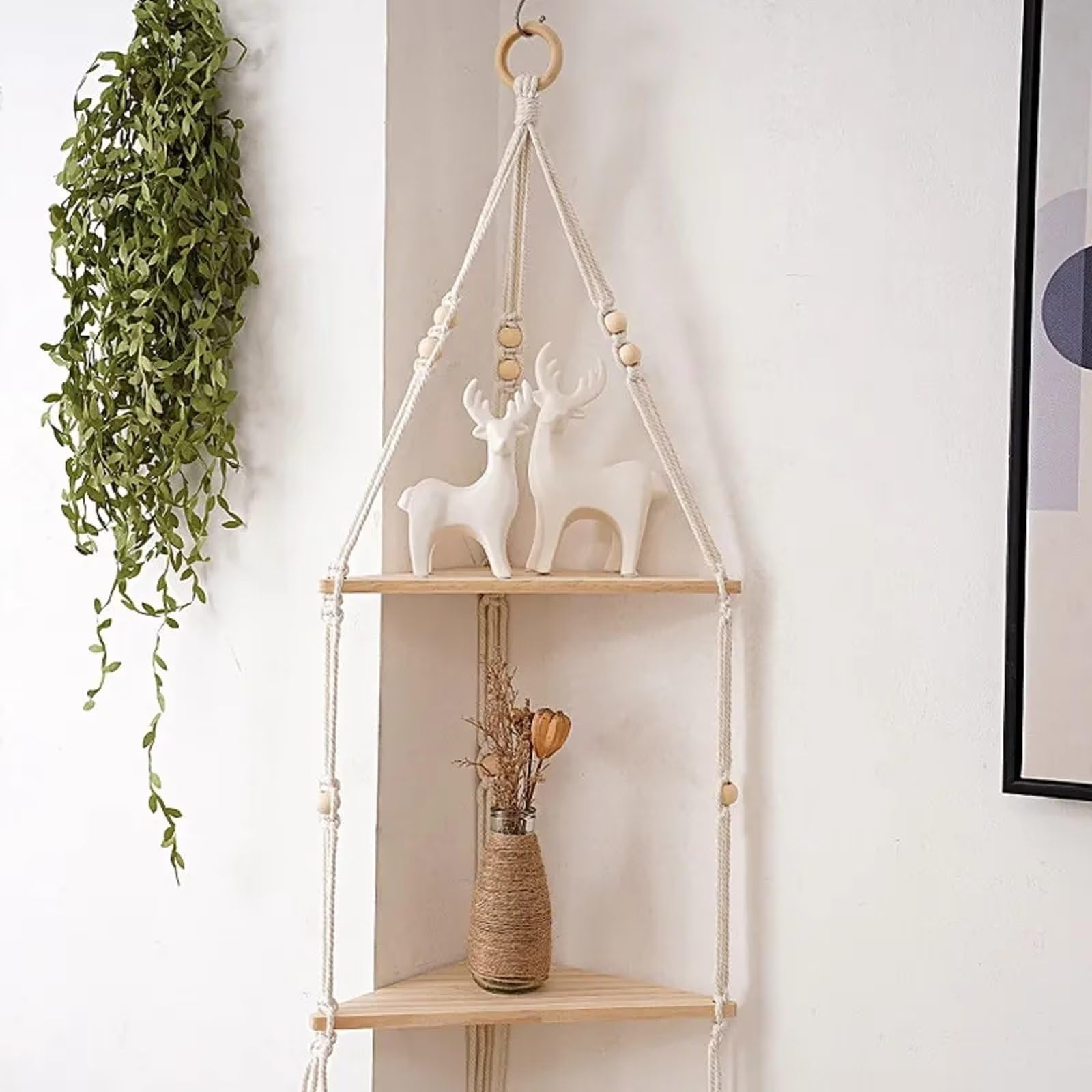 2-Tier Corner Macrame Floating Shelf - Handmade Boho Rope & Wood Wall Shelf For Bedroom, Bathroom