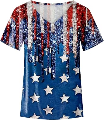 Womens Summer Tops 4th of July Short Sleeve V Neck T Shirts Tee American Flag Printed Tee Tops