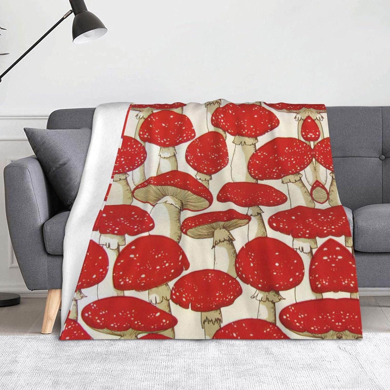Red White Mushroom Print Cozy Soft Blankets Warm 50x60 in Lightweight Blanket for Camping Travel