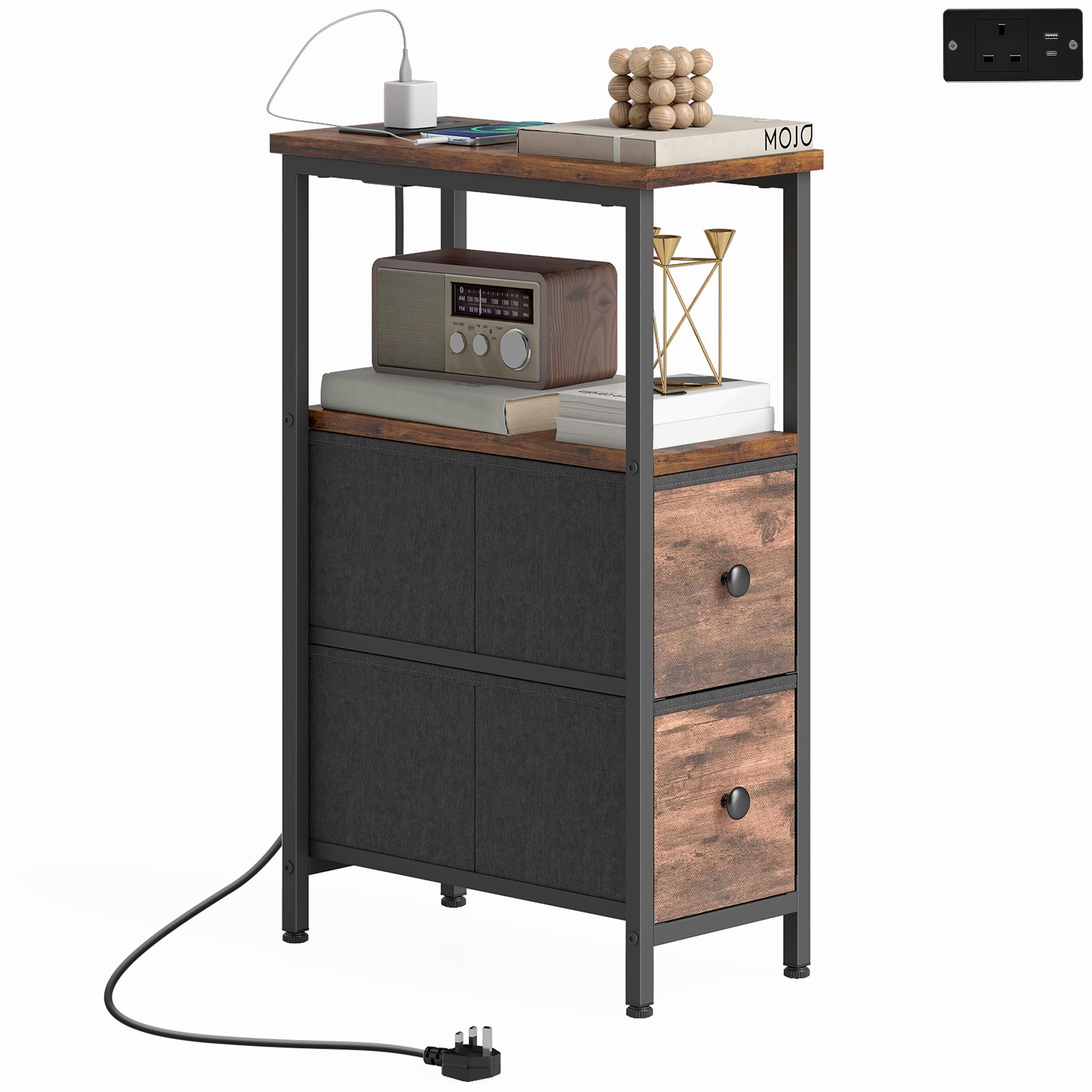 HOMCOM Side Table with Charging Station Narrow Bedside Table Rustic Brown