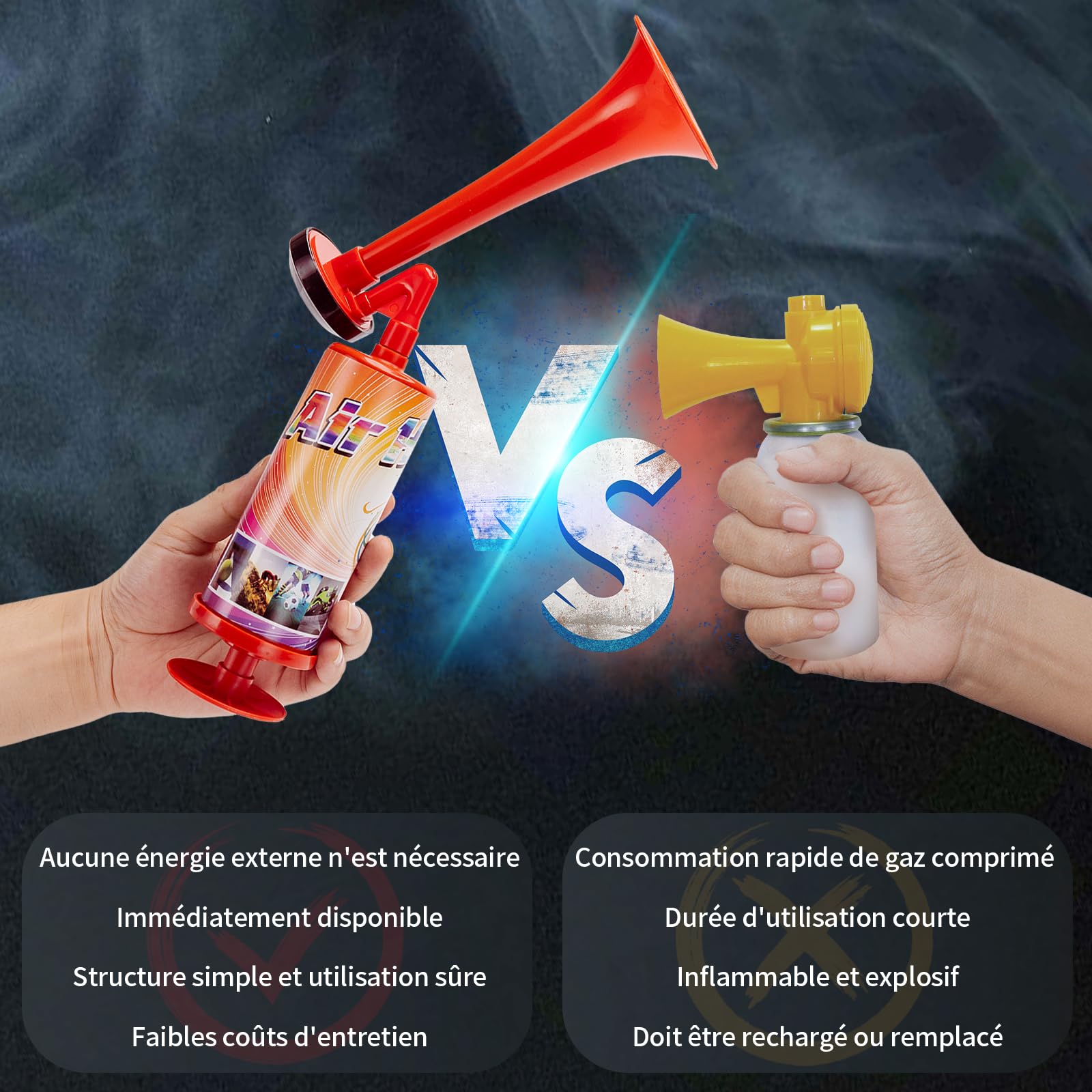 FARBIN Corne de Bateau Corne de Brume Pompe à Main Trompette Stade Klaxons à Air Klaxon de Pompe à Klaxon à Air Portable Fête pour Stade événements Sportifs Graduation (grande ABS corne 2pcs）
